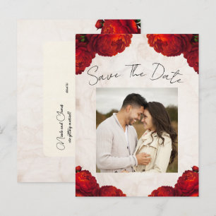 Red Peony Flowers Vintage Save the Date Announcement Postcard