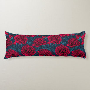 Red peony garden on dark blue body pillow