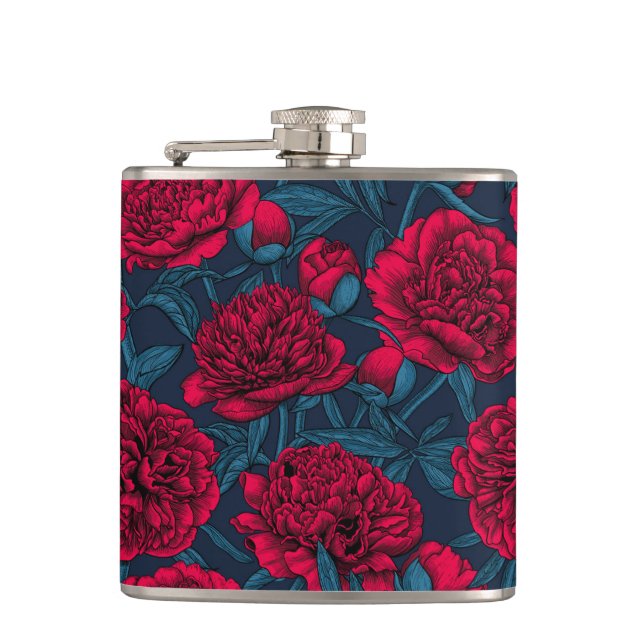 Red peony garden on dark blue hip flask (Front)