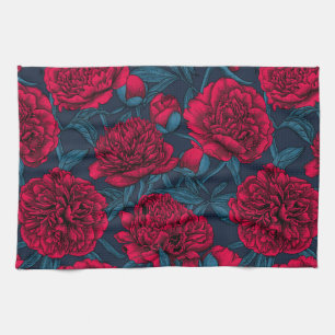 Red peony garden on dark blue kitchen towel