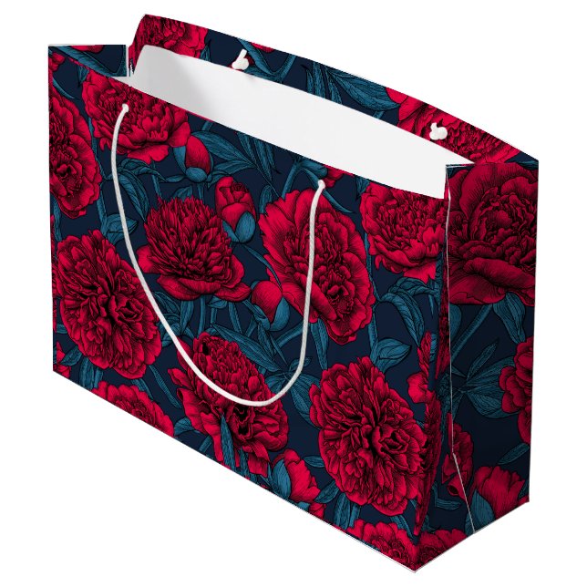 Red peony garden on dark blue large gift bag (Back Angled)