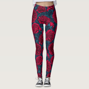 Red peony garden on dark blue leggings