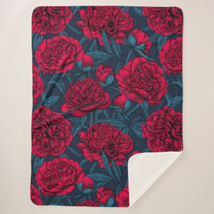 Red peony garden on dark blue sherpa blanket