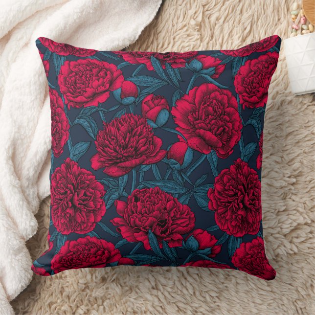 Red peony garden on dark blue throw pillow (Blanket)