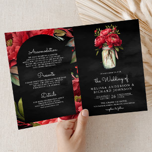Red Peony Mason Jar QR Code Charcoal Wedding Invitation