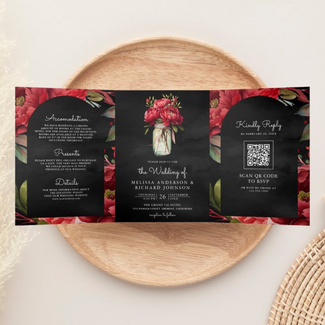 Red Peony Mason Jar QR Code Charcoal Wedding Tri-Fold Invitation (Creator Uploaded)