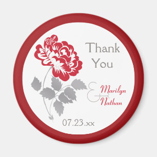 Red Peony on White Wedding Favour Magnet