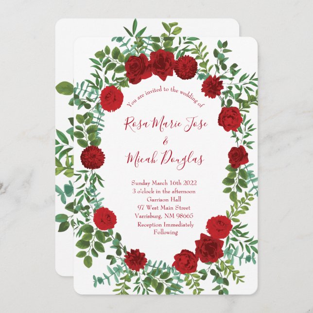 Red Peony & Rose Floral Wedding Invitation (Front/Back)