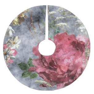 Red Peony Watercolor Floral Pattern Brushed Polyester Tree Skirt