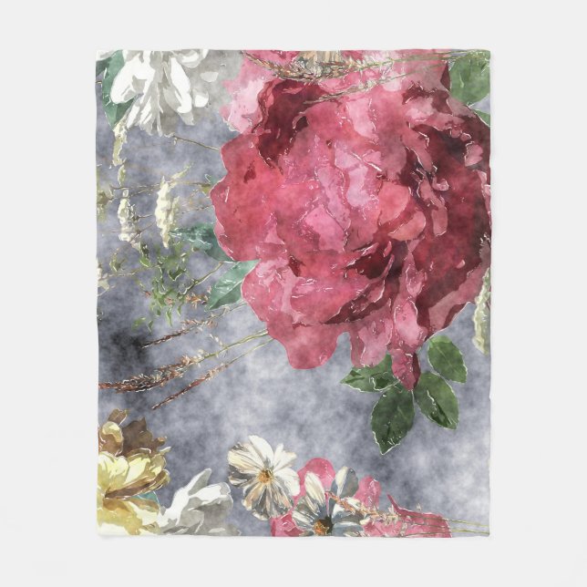 Red Peony Watercolor Floral Pattern Fleece Blanket (Front)