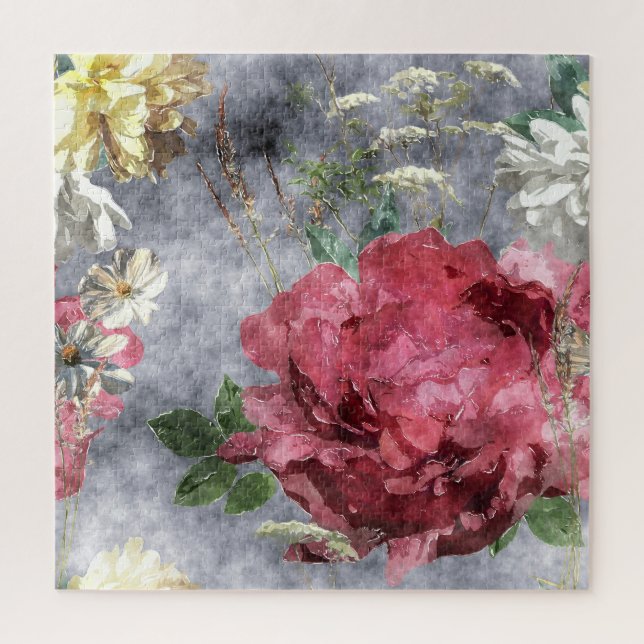 Red Peony Watercolor Floral Pattern Jigsaw Puzzle (Vertical)