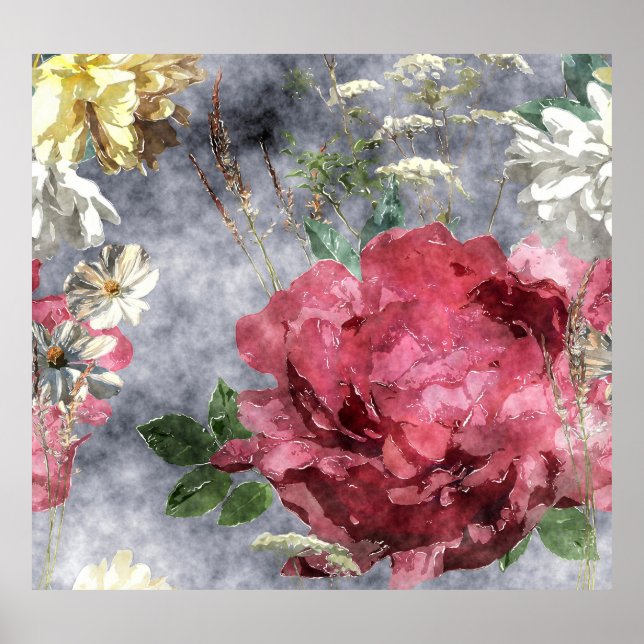 Red Peony Watercolor Floral Pattern Poster (Front)