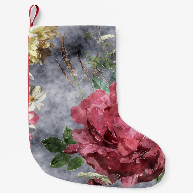 Red Peony Watercolor Floral Pattern Small Christmas Stocking (Front)