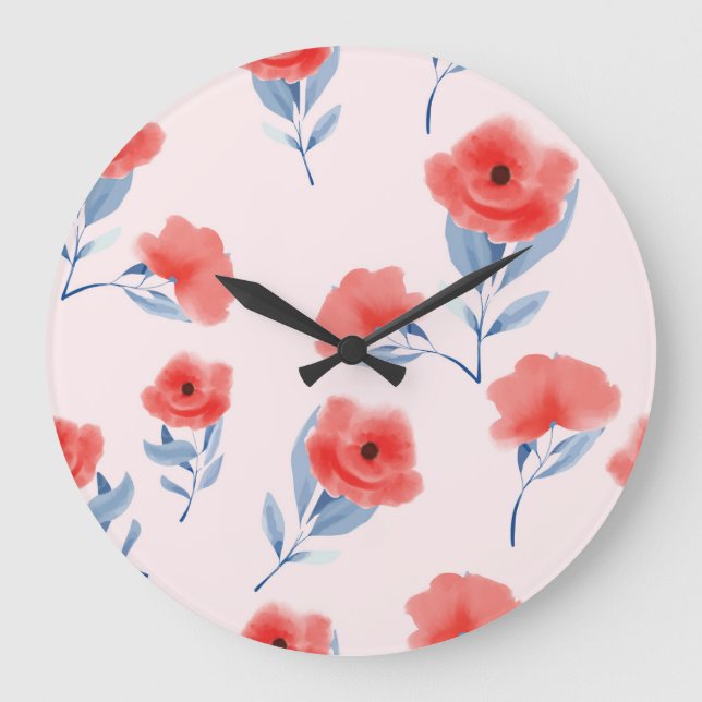 Red Peony Watercolor Seamless Pattern Large Clock (Front)