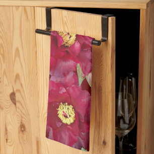 Red Peony with Foliage on Dark Red Background Kitchen Towel