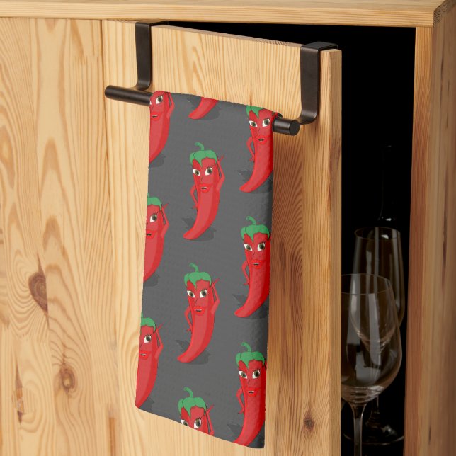 Red Pepper Diva Cartoon Pattern On Grey Kitchen Towel (Thirds Fold)