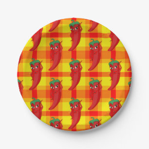 Red Pepper Diva Orange Yellow Plaid Pattern Paper Plate