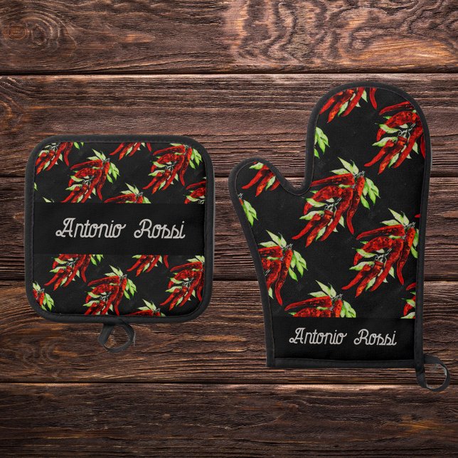red pepper pattern - name  oven mitt & pot hol oven mitt & pot holder set (Creator Uploaded)