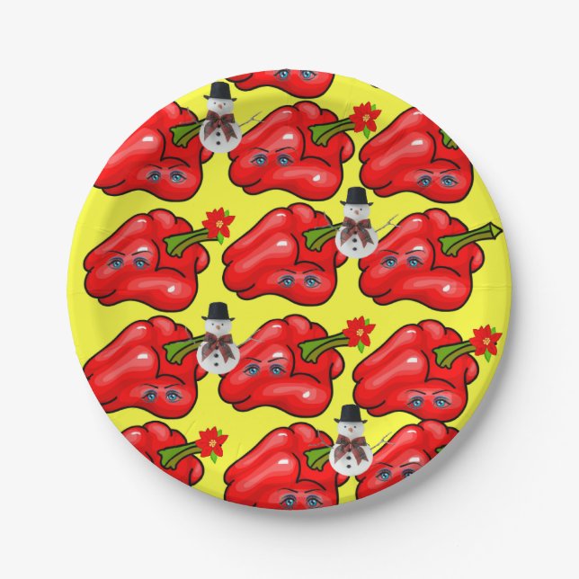 Red Peppers Paper Plates, Merry Christmas Snowman  Paper Plate (Front)