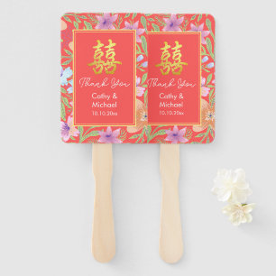 Red Peranakan floral double xi Chinese wedding  Hand Fan