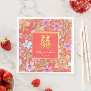 Red Peranakan floral double xi Chinese wedding  Napkin