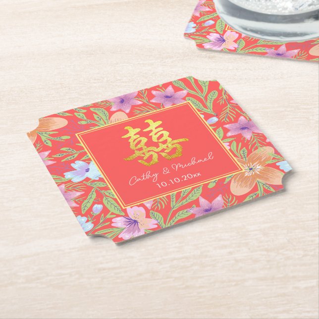 Red Peranakan floral double xi Chinese wedding  Paper Coaster (Angled)