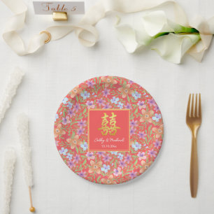 Red Peranakan floral double xi Chinese wedding  Paper Plate