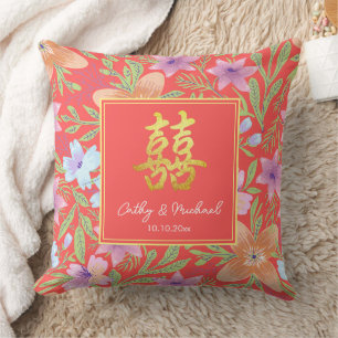 Red Peranakan floral double xi Chinese wedding  Throw Pillow