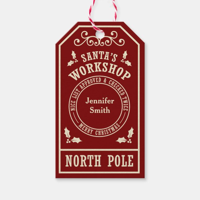 Red Père Noël Atelier pôle Nord étiquettes de Noël (Devant)