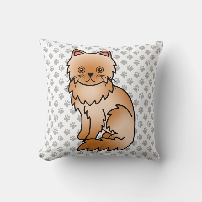 Red Persian Cute Cartoon Cat & Paws Throw Pillow (Front)