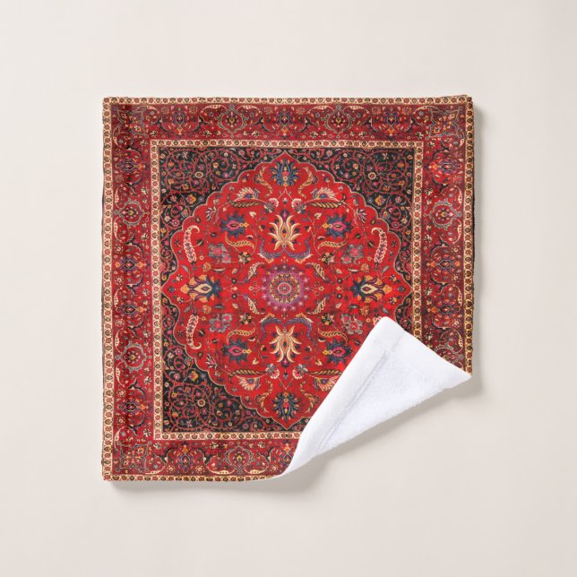 Red Persian Rug from Mashhad Bath Towel Set (Wash Cloth)