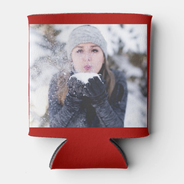  Red Personalized 2 Photo Template Double Sided Can Cooler (Front)