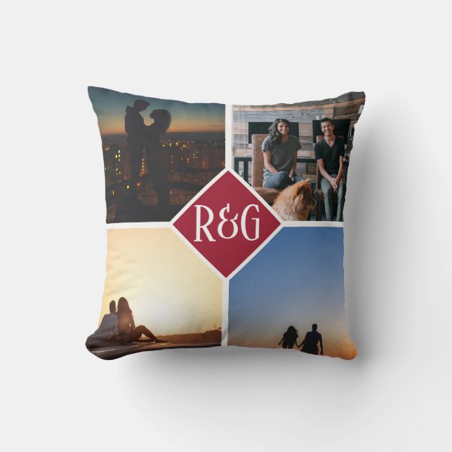 Red Personalized 4 Photo Monogram Throw Pillow (Front)