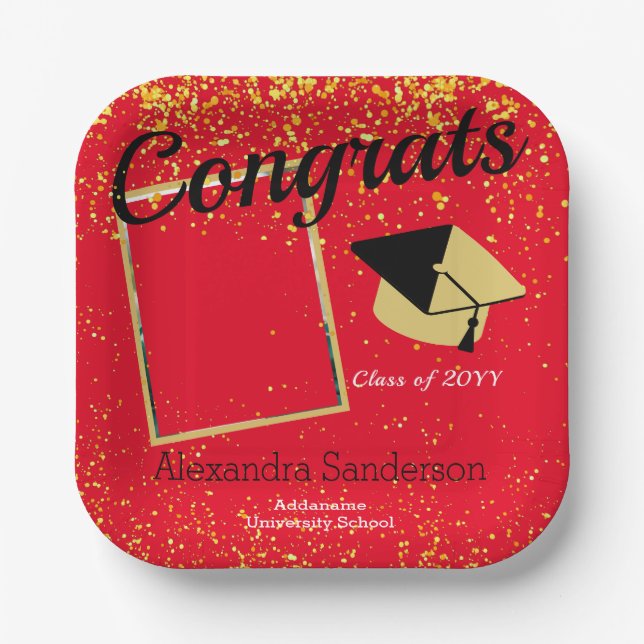 Red Personalized Class Photo School Graduation Paper Plate (Front)