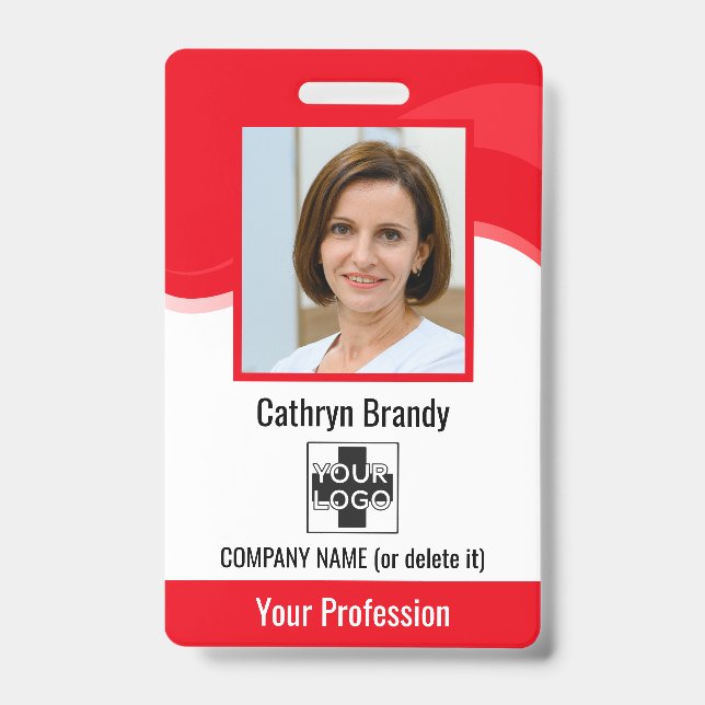 Red Personalized Employee, Photo, Bar Code & Logo Badge (Front)