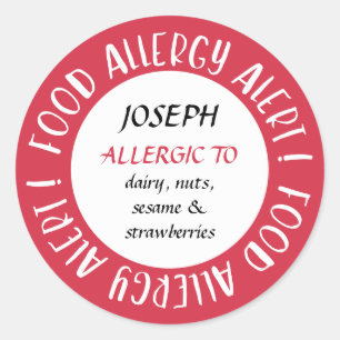Red Personalized Food Allergy Alert Customized Classic Round Sticker