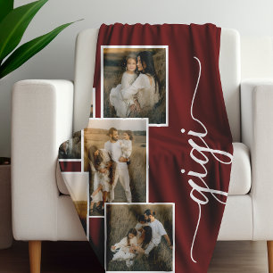 Red Personalized Gigi Grandkid 5 Photo Collage  Fleece Blanket