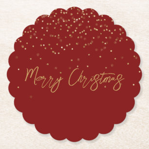 Red Personalized Gold Name Glitter Sparkle Dots Paper Coaster