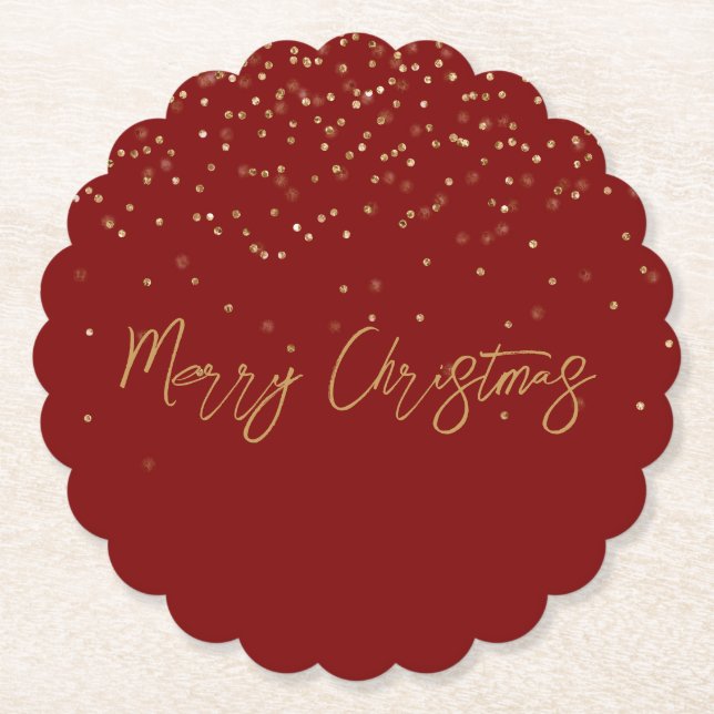 Red Personalized Gold Name Glitter Sparkle Dots Paper Coaster (Front)