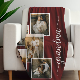Red Personalized Grandma Grandkid 5 Photo Collage  Fleece Blanket