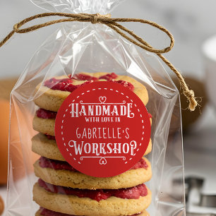 Red Personalized Handmade with Love in Workshop Classic Round Sticker
