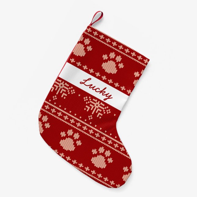 Red personalized Name Cat Paw Knitted Christmas Small Christmas Stocking (Front (Hanging))