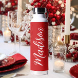 Red Personalized Name in Chic White Script Water Bottle<br><div class="desc">A cute red water bottle with white monogram for a girl or guy who loves simple,  handwritten gifts. Beautiful cursive script down the side of your bottle spelling out your name.</div>