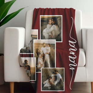 Red Personalized Nana Grandkid 5 Photo Collage  Fleece Blanket