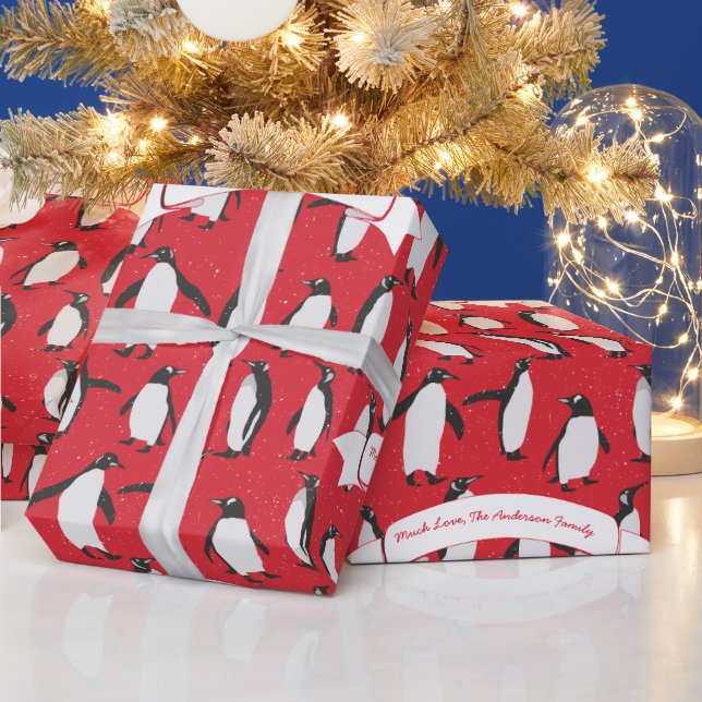 Red Personalized Penguin Pattern Wrapping Paper (Holidays)