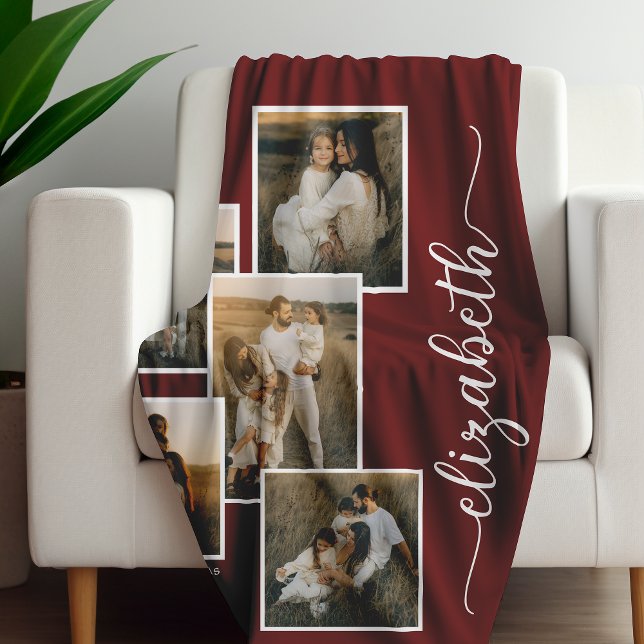 Red Personalized With Name 5 Photo Collage  Fleece Blanket (Creator Uploaded)