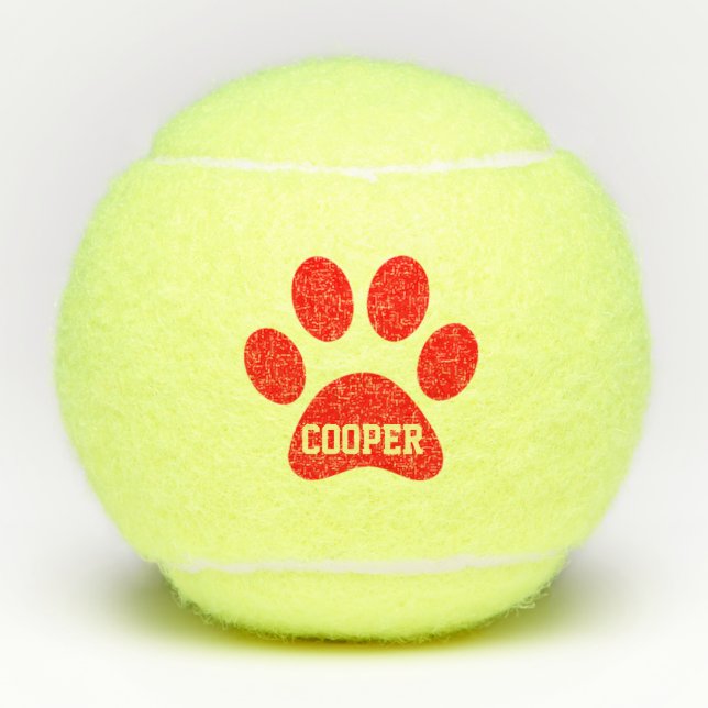 Red Pet Paw Print Personalized Name Toy Tennis Balls (Front)