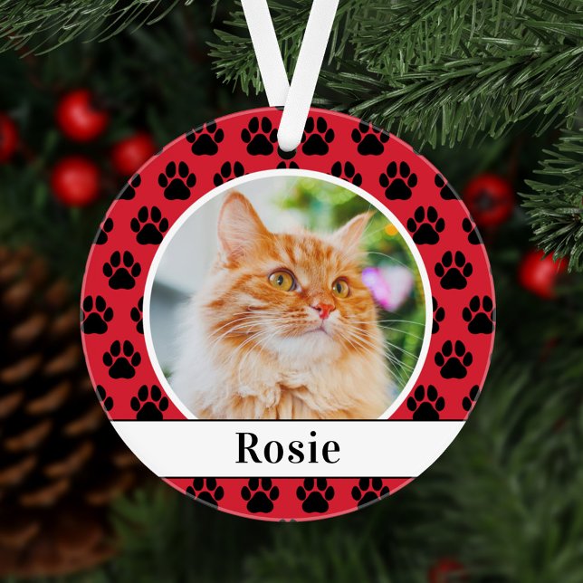 Red Pet Paw Prints Custom Cat Name Photo Ornament (Creator Uploaded)