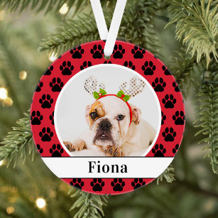 Red Pet Paw Prints Custom Dog Name Photo Ornament