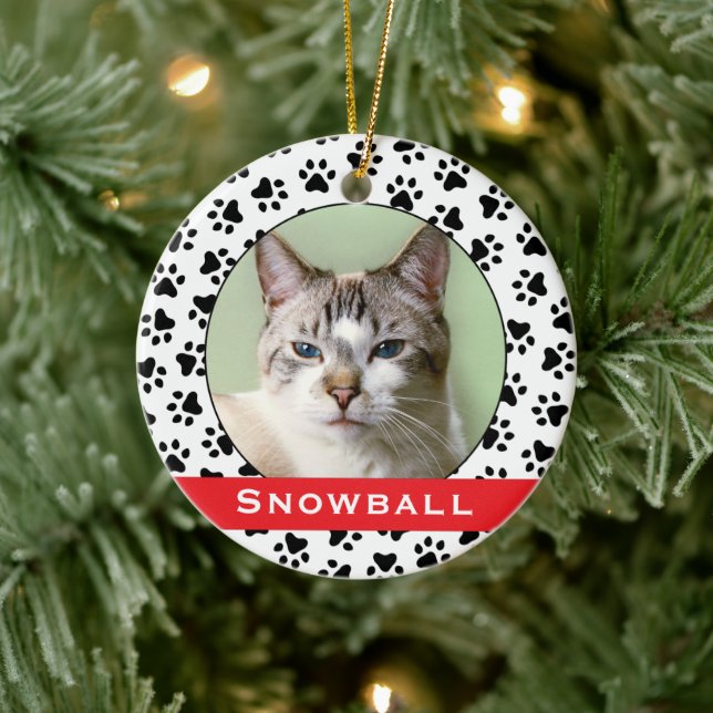 Red Pet Paw Prints Personalized Cat Name Photo Ceramic Ornament (Tree)